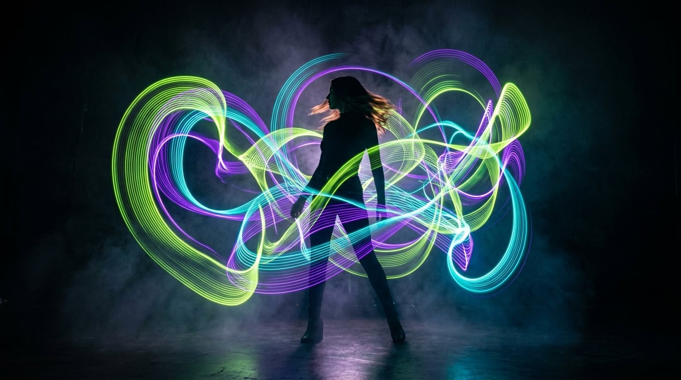 Artistic human silhouette surrounded by undulating laser light painting trails
