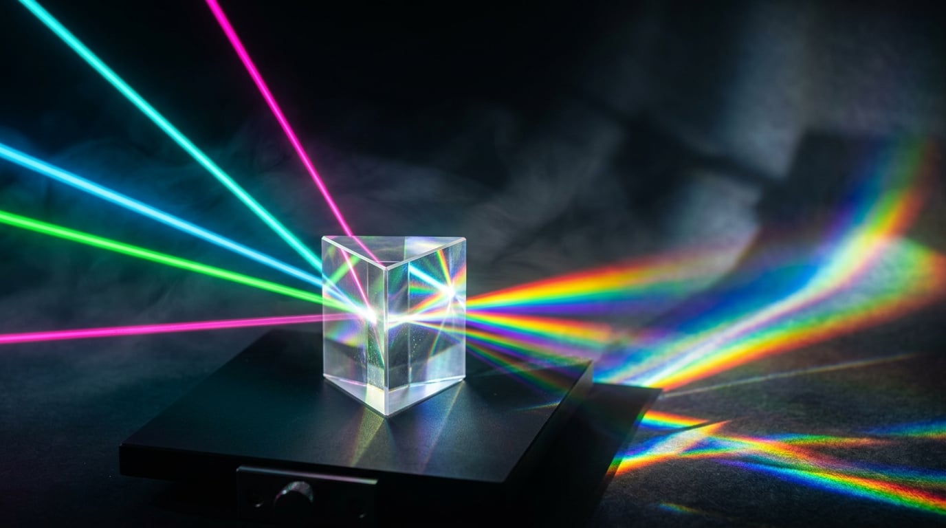 Multicolored laser beams refracting through optical glass prism