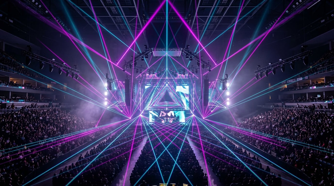 Arena stage illuminated by architectural laser beams and concert haze